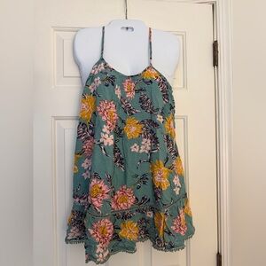 Ocean Drive Floral Swing Tank Top Boho Ruffle Hem Teal Pink Size M